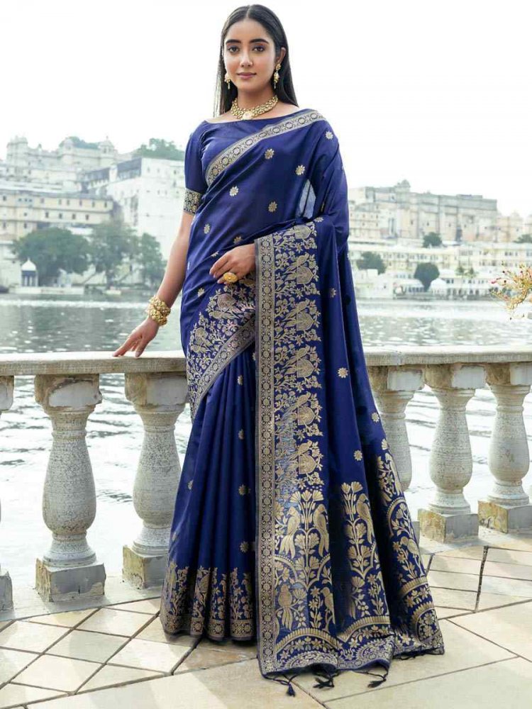 Navy Blue Soft Silk Handwoven Wedding Festival Heavy Border Saree