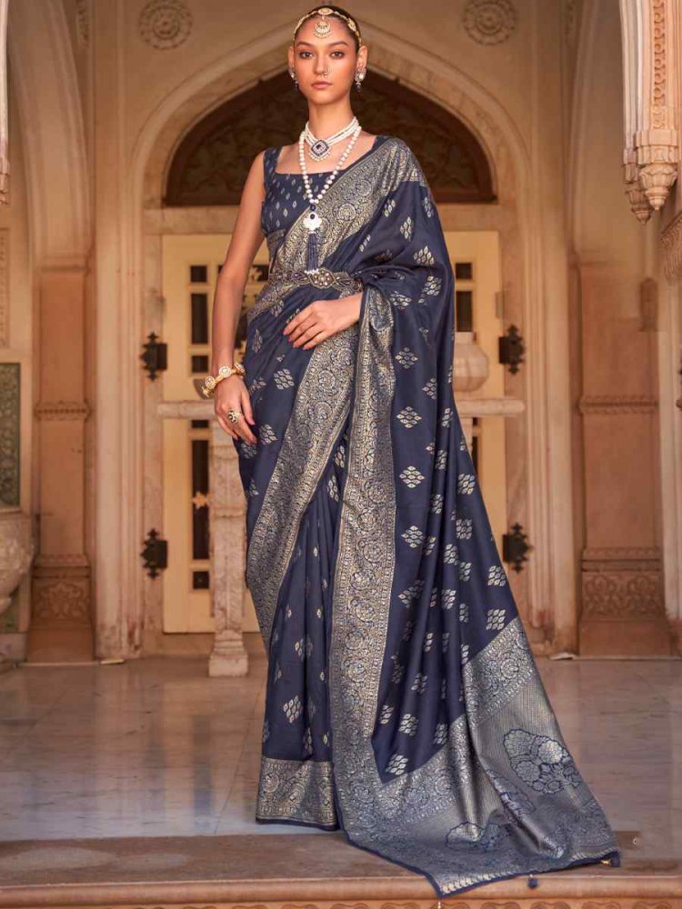 Navy Blue Soft Silk Handwoven Wedding Festival Heavy Border Saree