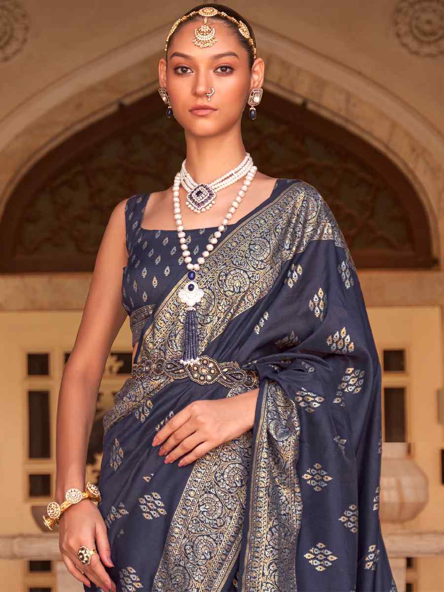 Navy Blue Soft Silk Handwoven Wedding Festival Heavy Border Saree