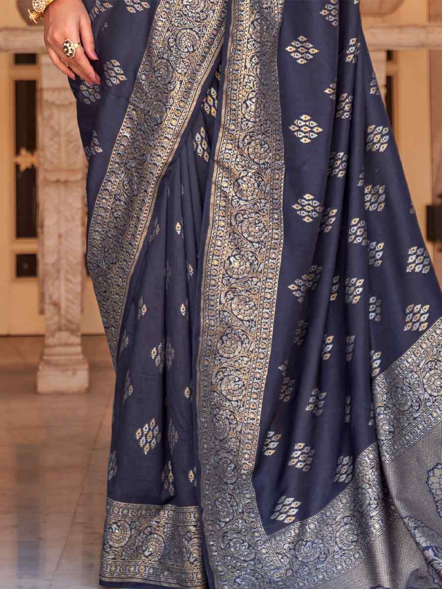 Navy Blue Soft Silk Handwoven Wedding Festival Heavy Border Saree