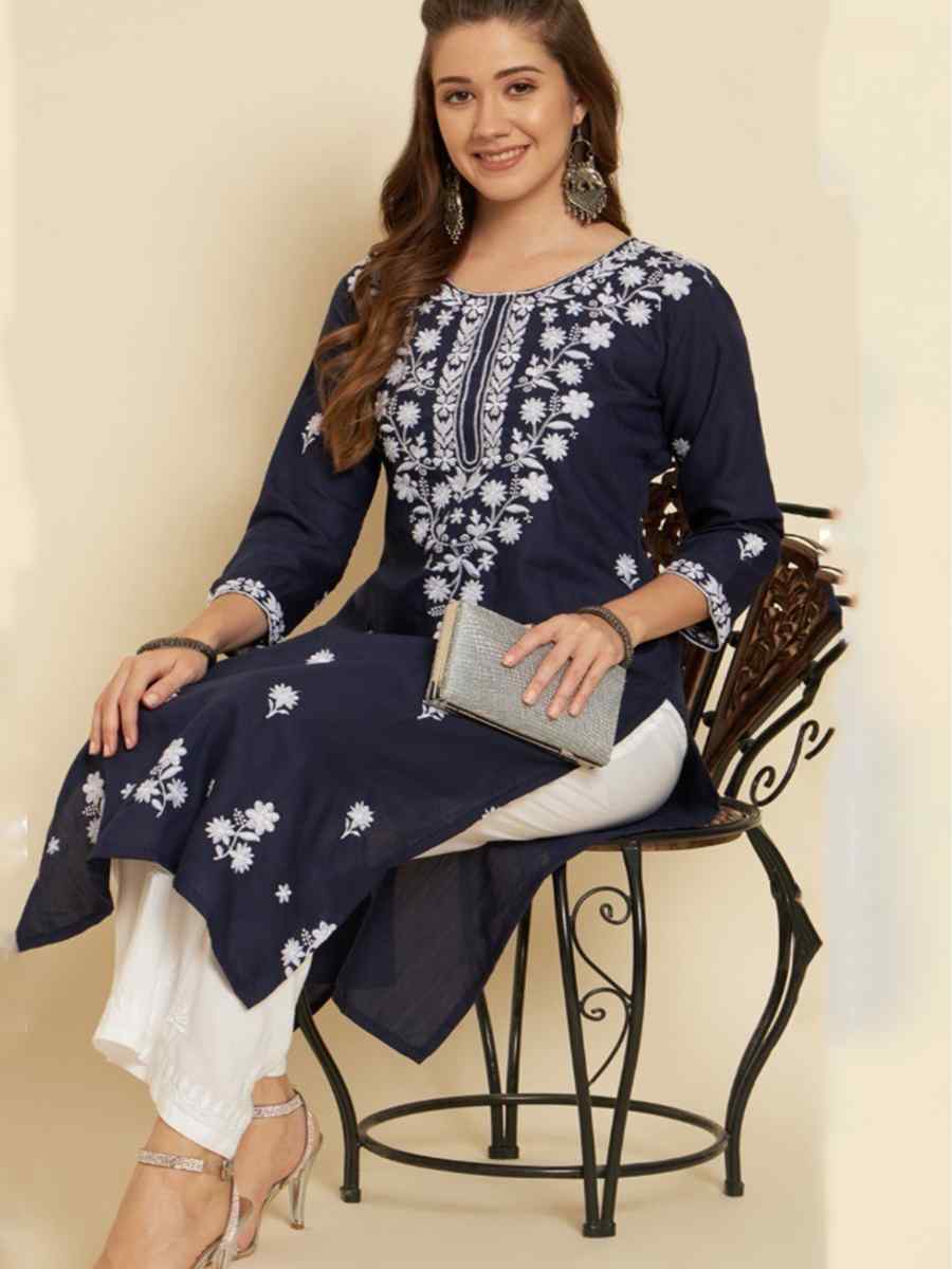 Navy Blue Soft Slub Cotton Embroidered Festival Casual Kurti