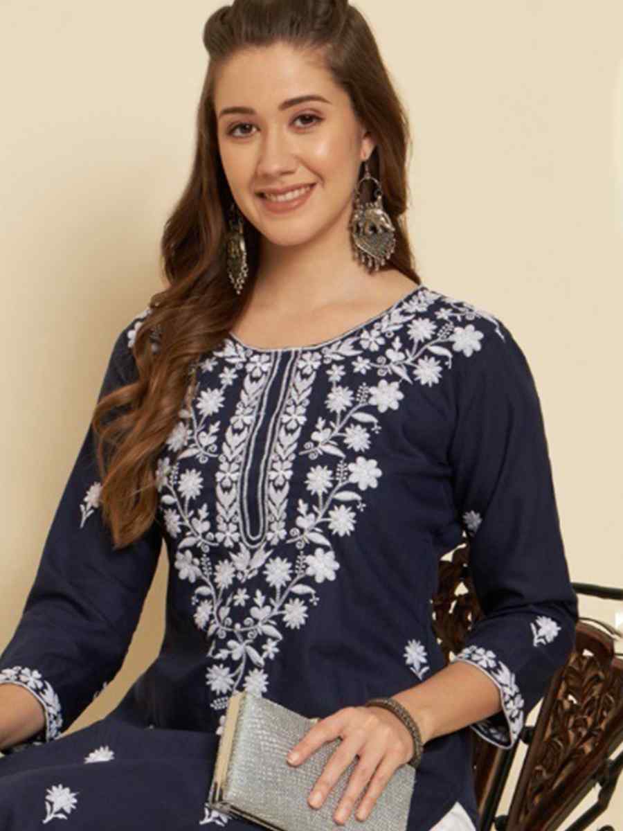 Navy Blue Soft Slub Cotton Embroidered Festival Casual Kurti