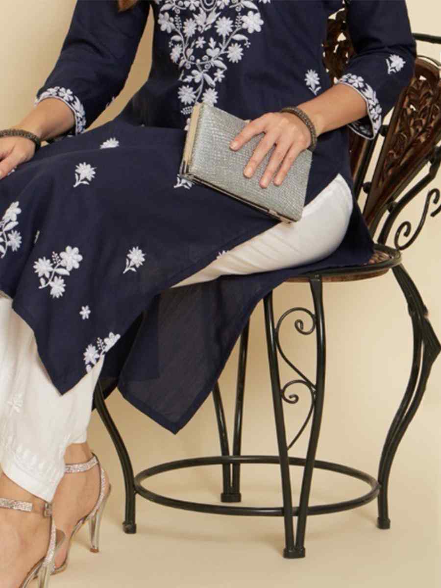 Navy Blue Soft Slub Cotton Embroidered Festival Casual Kurti