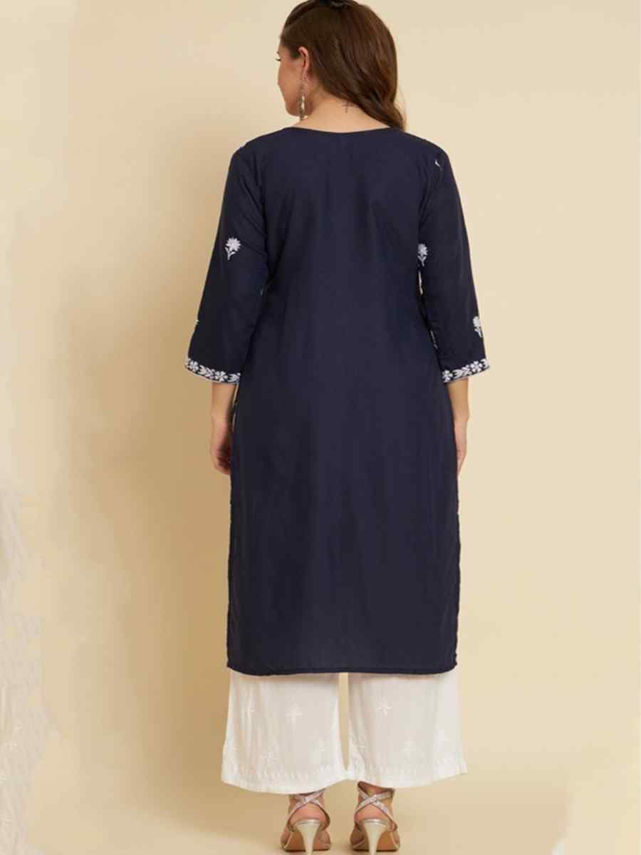 Navy Blue Soft Slub Cotton Embroidered Festival Casual Kurti