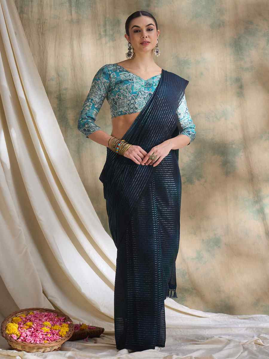 Navy Blue Sparkle Lining Silk Printed Casual Reception Festival Wedding Fancy Classic Style Sarees