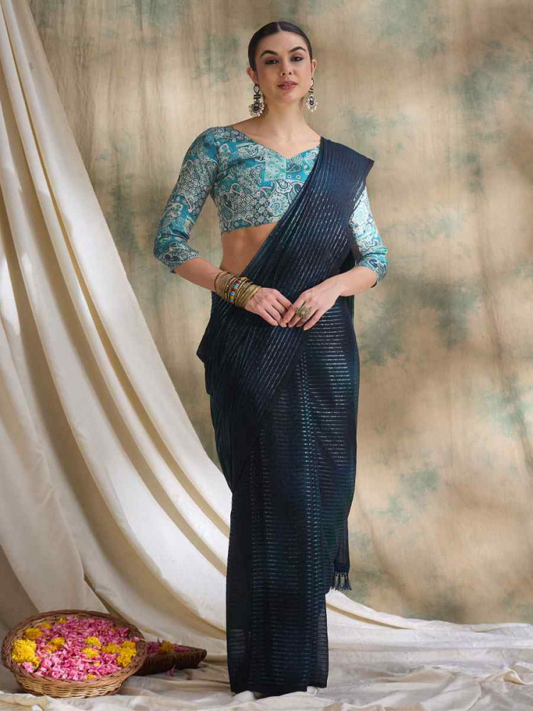 Image of Navy Blue Sparkle Lining Silk Printed Casual Reception Festival Wedding Fancy Classic Style Sarees