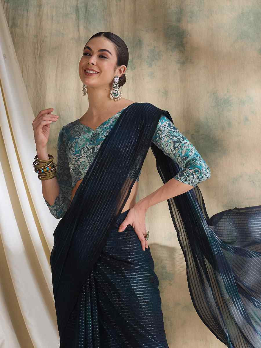 Navy Blue Sparkle Lining Silk Printed Casual Reception Festival Wedding Fancy Classic Style Sarees