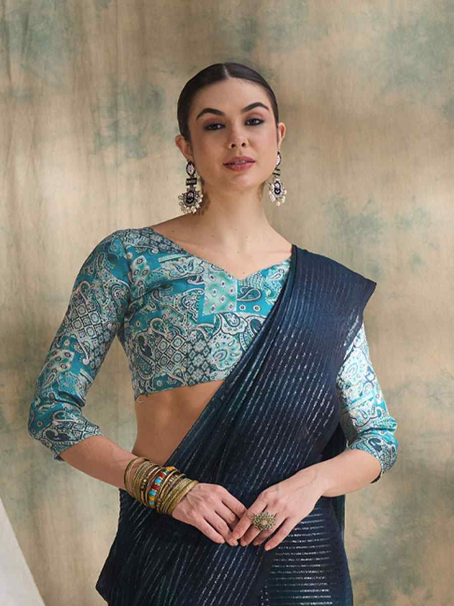 Navy Blue Sparkle Lining Silk Printed Casual Reception Festival Wedding Fancy Classic Style Sarees