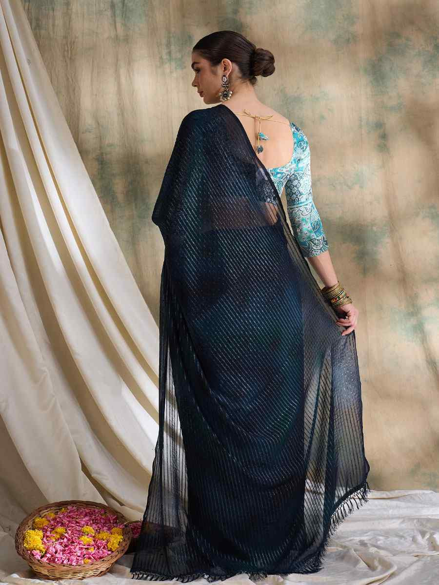 Navy Blue Sparkle Lining Silk Printed Casual Reception Festival Wedding Fancy Classic Style Sarees