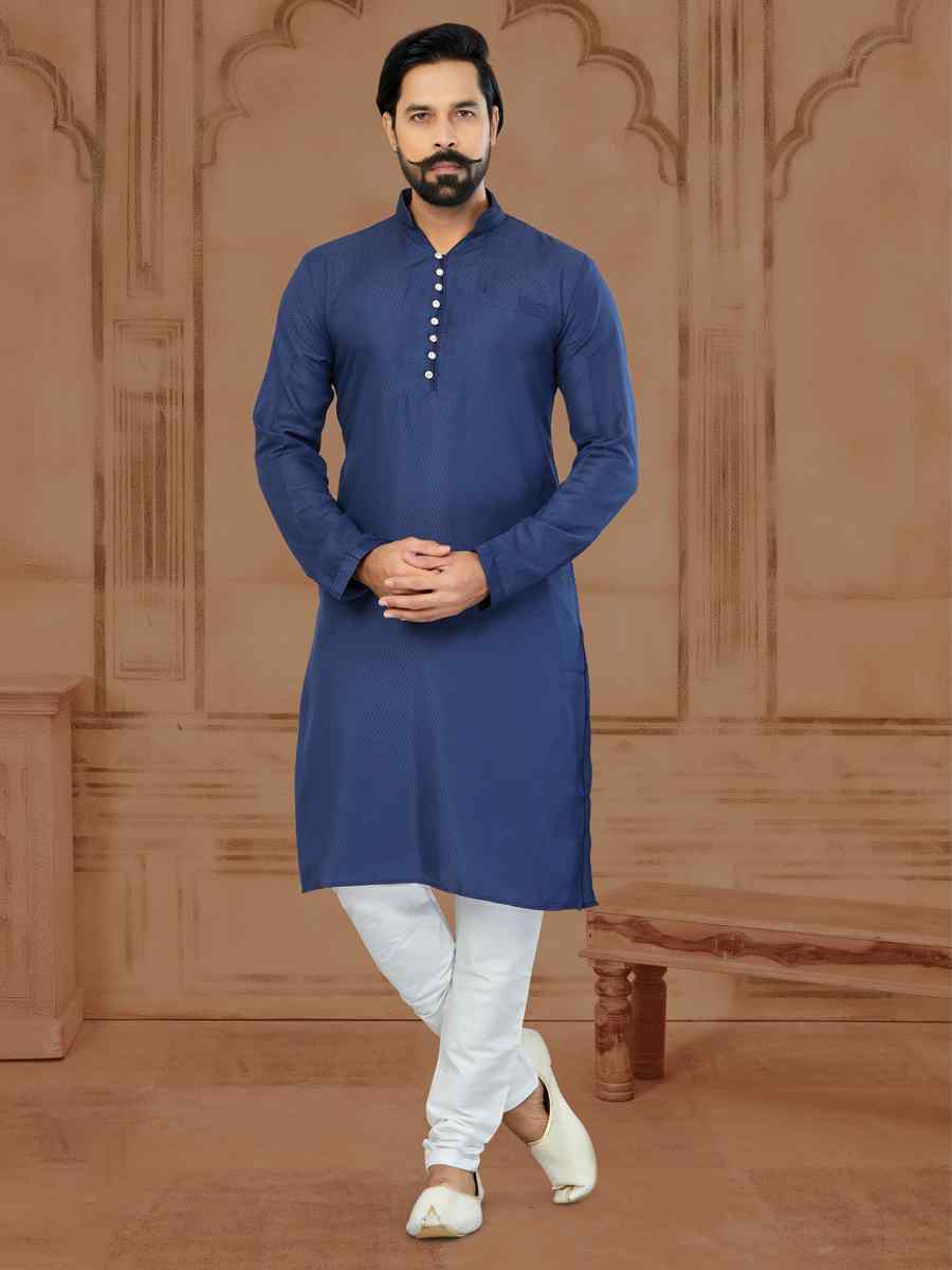 Navy Blue Star Silk Printed Festival Kurta