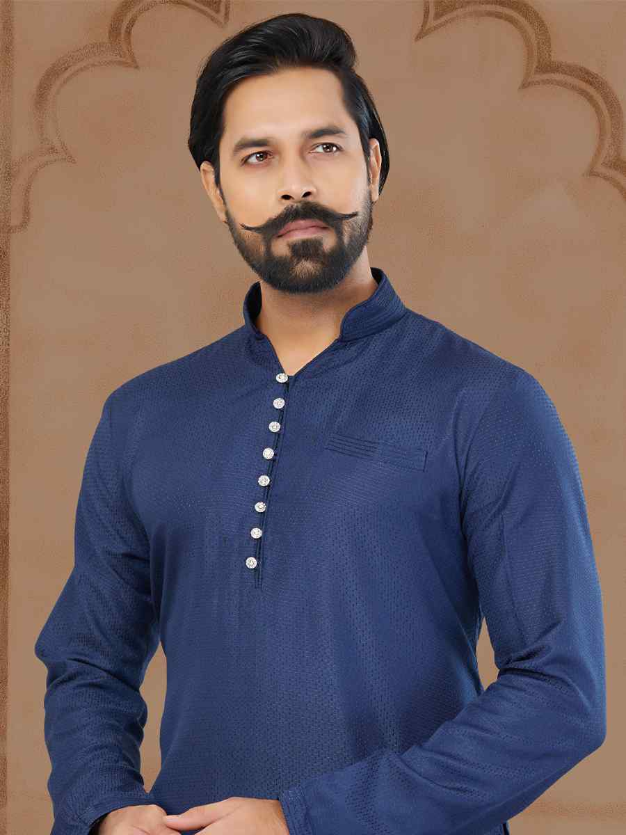 Navy Blue Star Silk Printed Festival Kurta