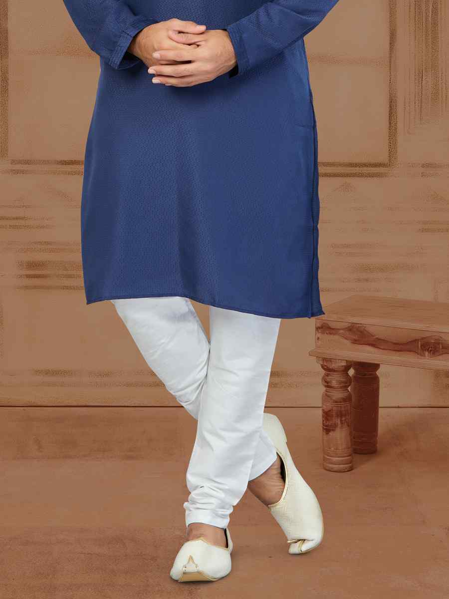 Navy Blue Star Silk Printed Festival Kurta