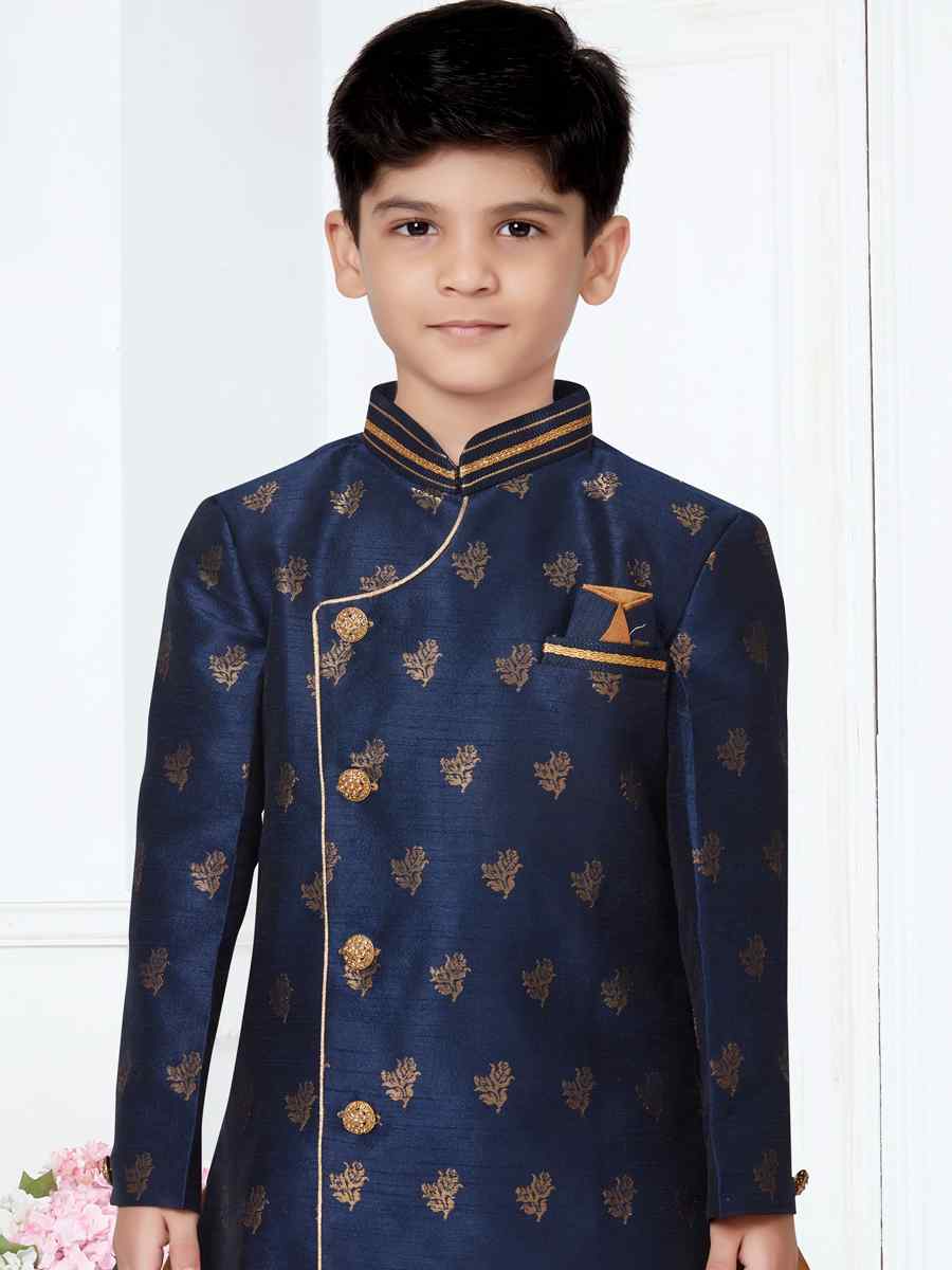 Navy Blue Sultan Booti Jacquard Floral Party Festival Kurta Dhoti Boys Wear