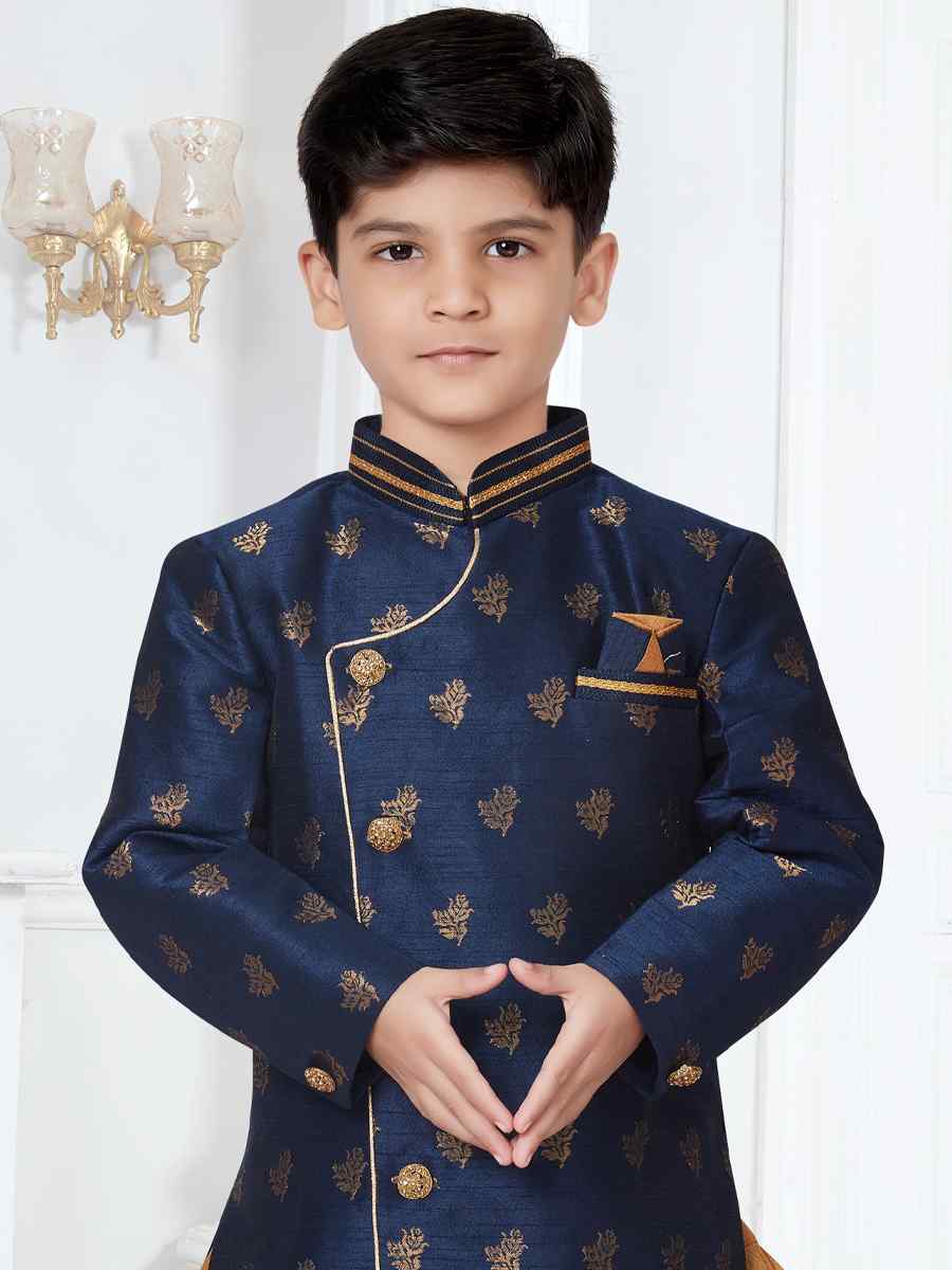 Navy Blue Sultan Booti Jacquard Floral Party Festival Kurta Dhoti Boys Wear