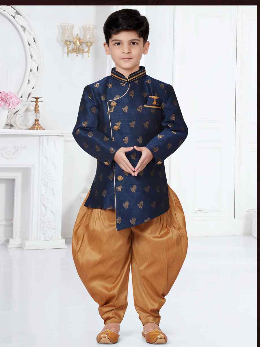 Navy Blue Sultan Booti Jacquard Floral Party Festival Kurta Dhoti Boys Wear