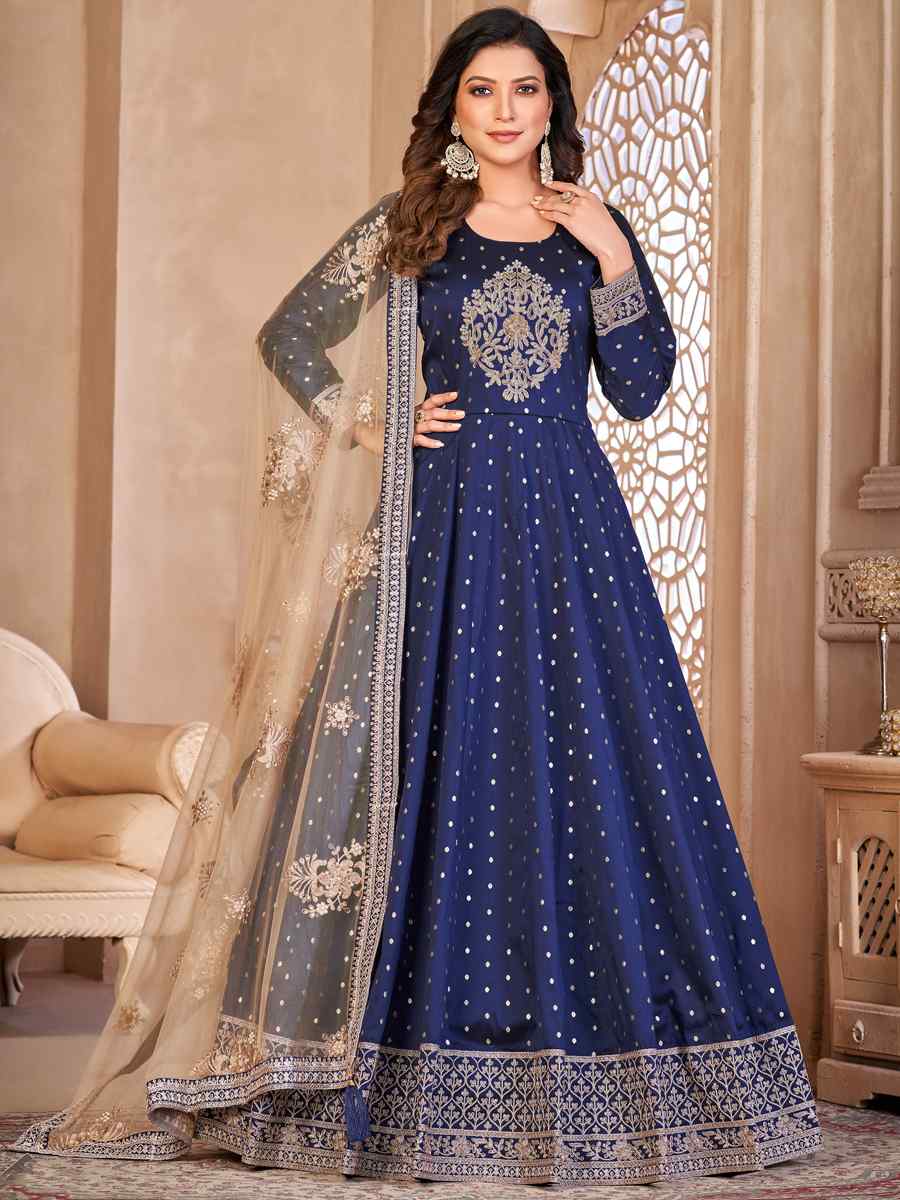 Navy Blue Taffeta Butti Embroidered Party Wedding Anarkali Salwar Kameez