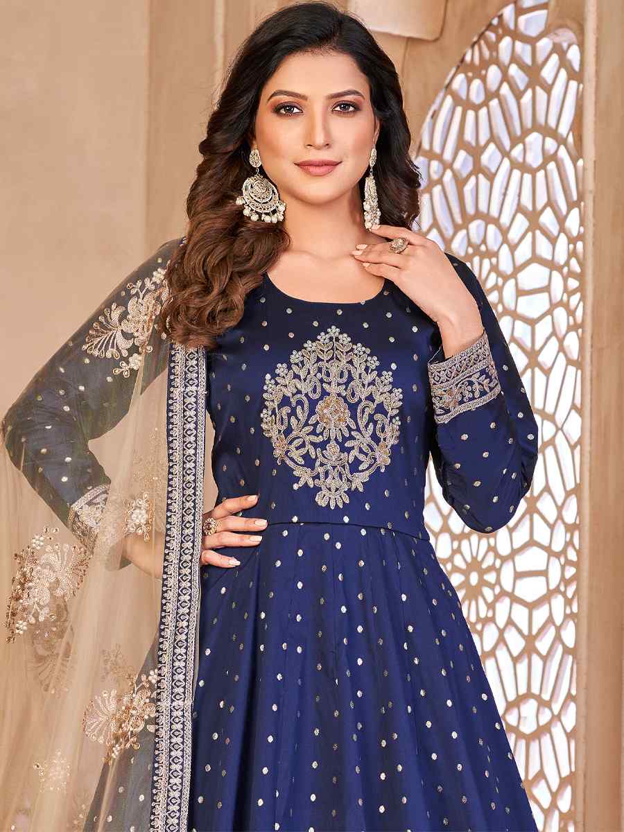 Navy Blue Taffeta Butti Embroidered Party Wedding Anarkali Salwar Kameez