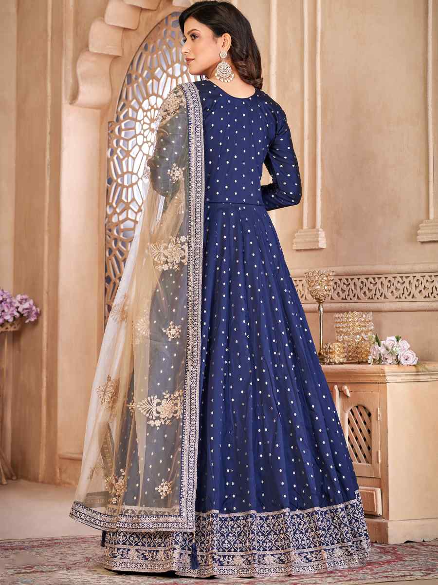 Navy Blue Taffeta Butti Embroidered Party Wedding Anarkali Salwar Kameez