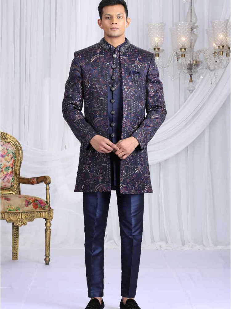 Image of Navy Blue Teal Green Art Silk Embroidered Festival Wedding Mens 3 PCS Indo Western Set