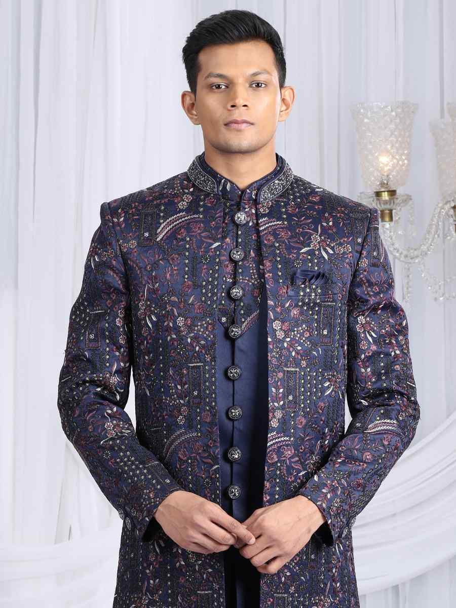 Navy Blue Teal Green Art Silk Embroidered Festival Wedding Mens 3 PCS Indo Western Set