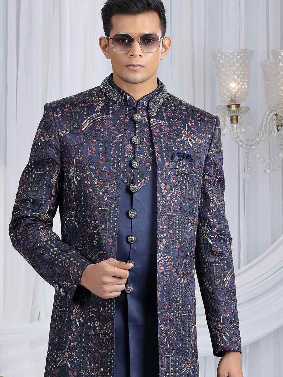 Navy Blue Teal Green Art Silk Embroidered Festival Wedding Mens 3 PCS Indo Western Set