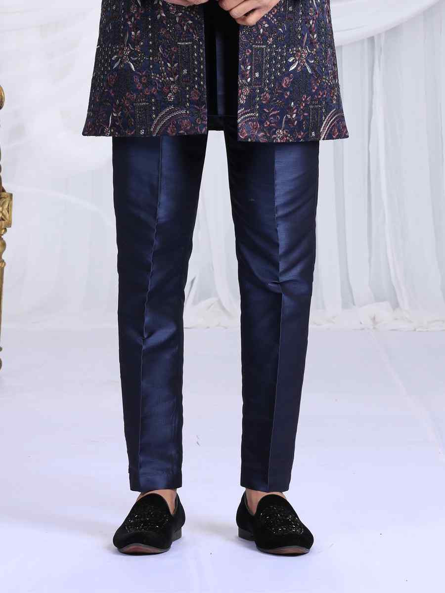 Navy Blue Teal Green Art Silk Embroidered Festival Wedding Mens 3 PCS Indo Western Set