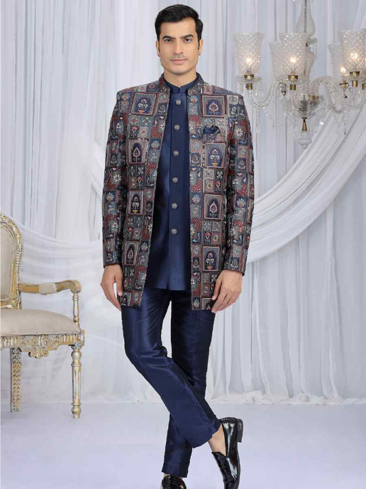 Image of Navy Blue Teal Green Art Silk Embroidered Festival Wedding Mens 3 PCS Indo Western Set