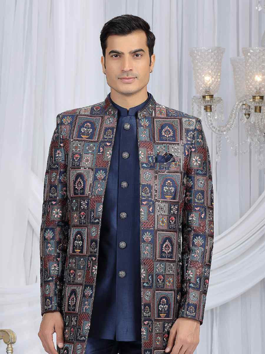Navy Blue Teal Green Art Silk Embroidered Festival Wedding Mens 3 PCS Indo Western Set