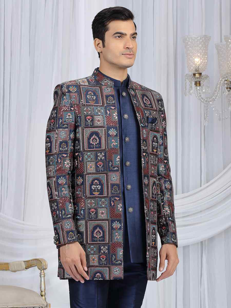 Navy Blue Teal Green Art Silk Embroidered Festival Wedding Mens 3 PCS Indo Western Set