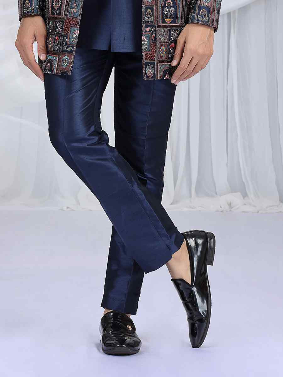 Navy Blue Teal Green Art Silk Embroidered Festival Wedding Mens 3 PCS Indo Western Set