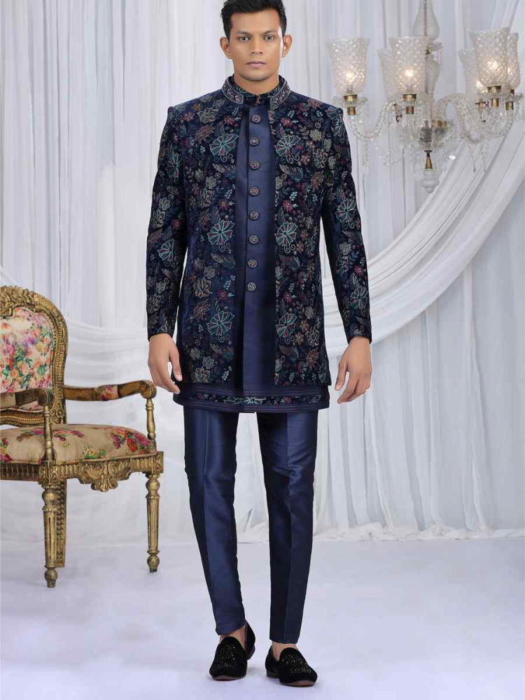 Image of Navy Blue Teal Green Valvet Silk Embroidered Festival Wedding Mens 3 PCS Indo Western Set