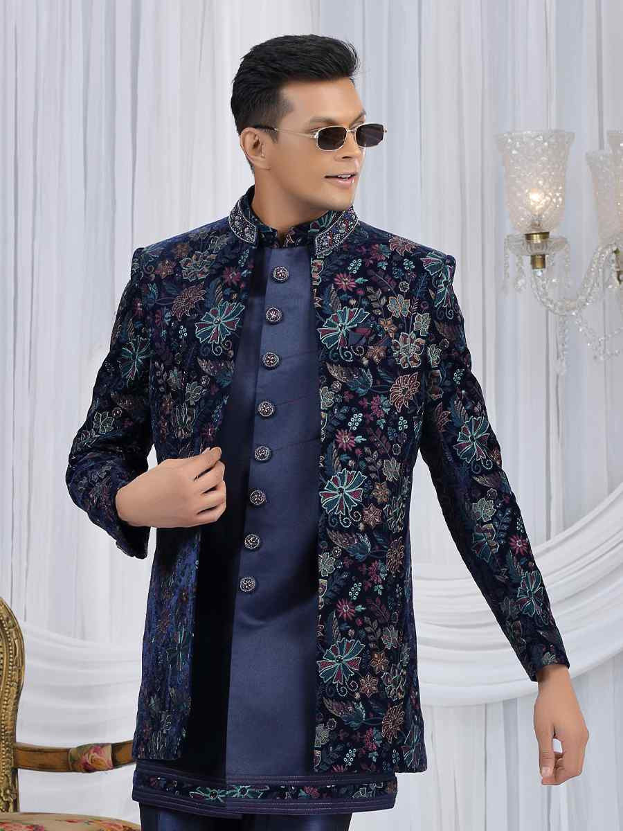 Navy Blue Teal Green Valvet Silk Embroidered Festival Wedding Mens 3 PCS Indo Western Set