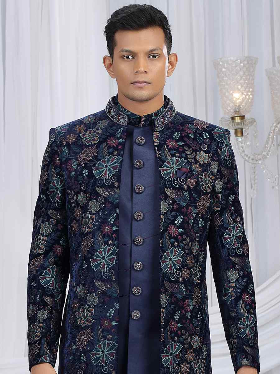 Navy Blue Teal Green Valvet Silk Embroidered Festival Wedding Mens 3 PCS Indo Western Set