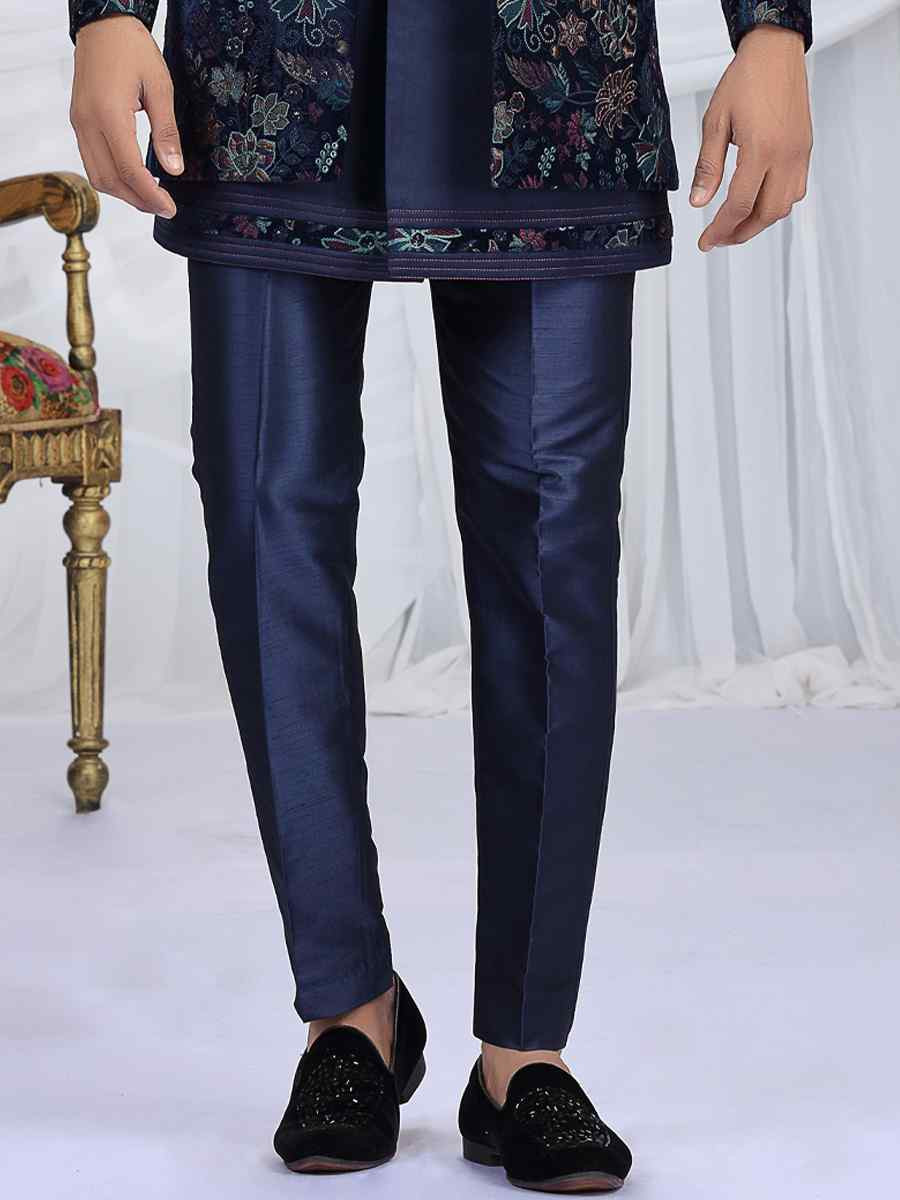 Navy Blue Teal Green Valvet Silk Embroidered Festival Wedding Mens 3 PCS Indo Western Set