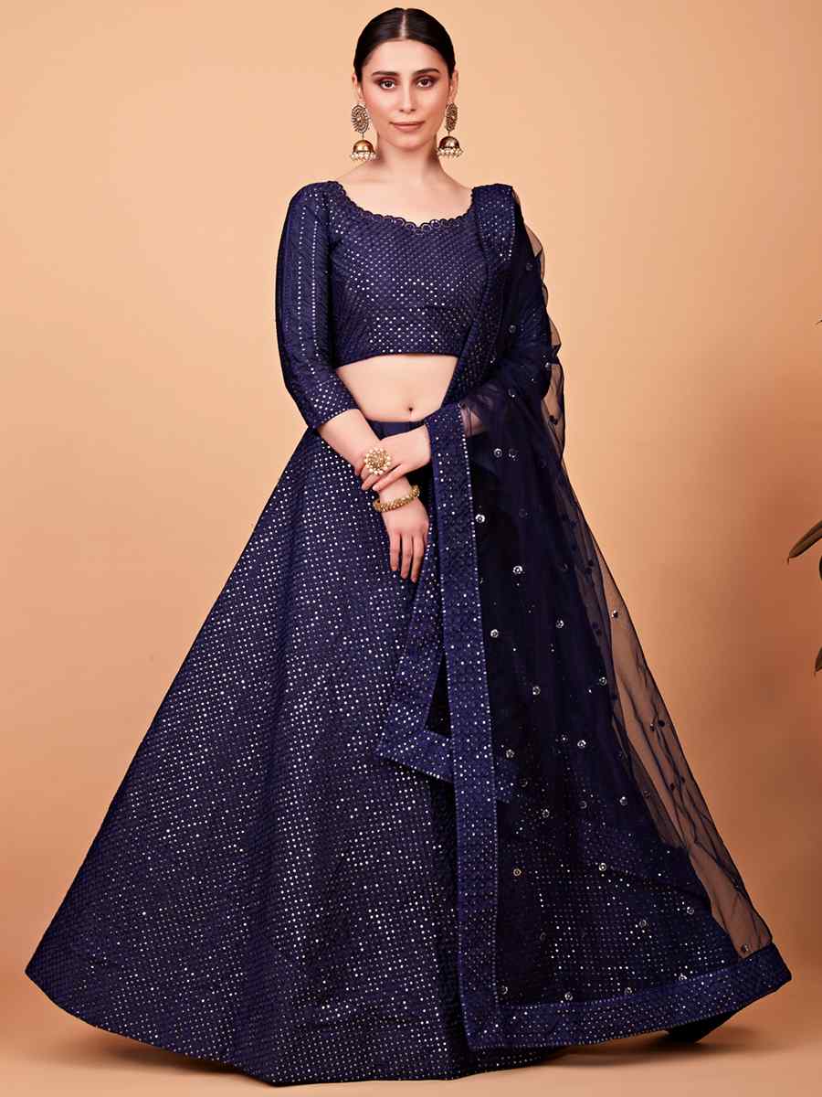 Navy Blue Tebi Silk Embroidered Festival Wedding Circular Lehenga Choli