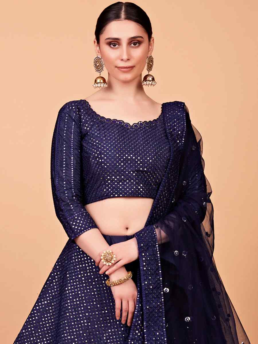 Navy Blue Tebi Silk Embroidered Festival Wedding Circular Lehenga Choli