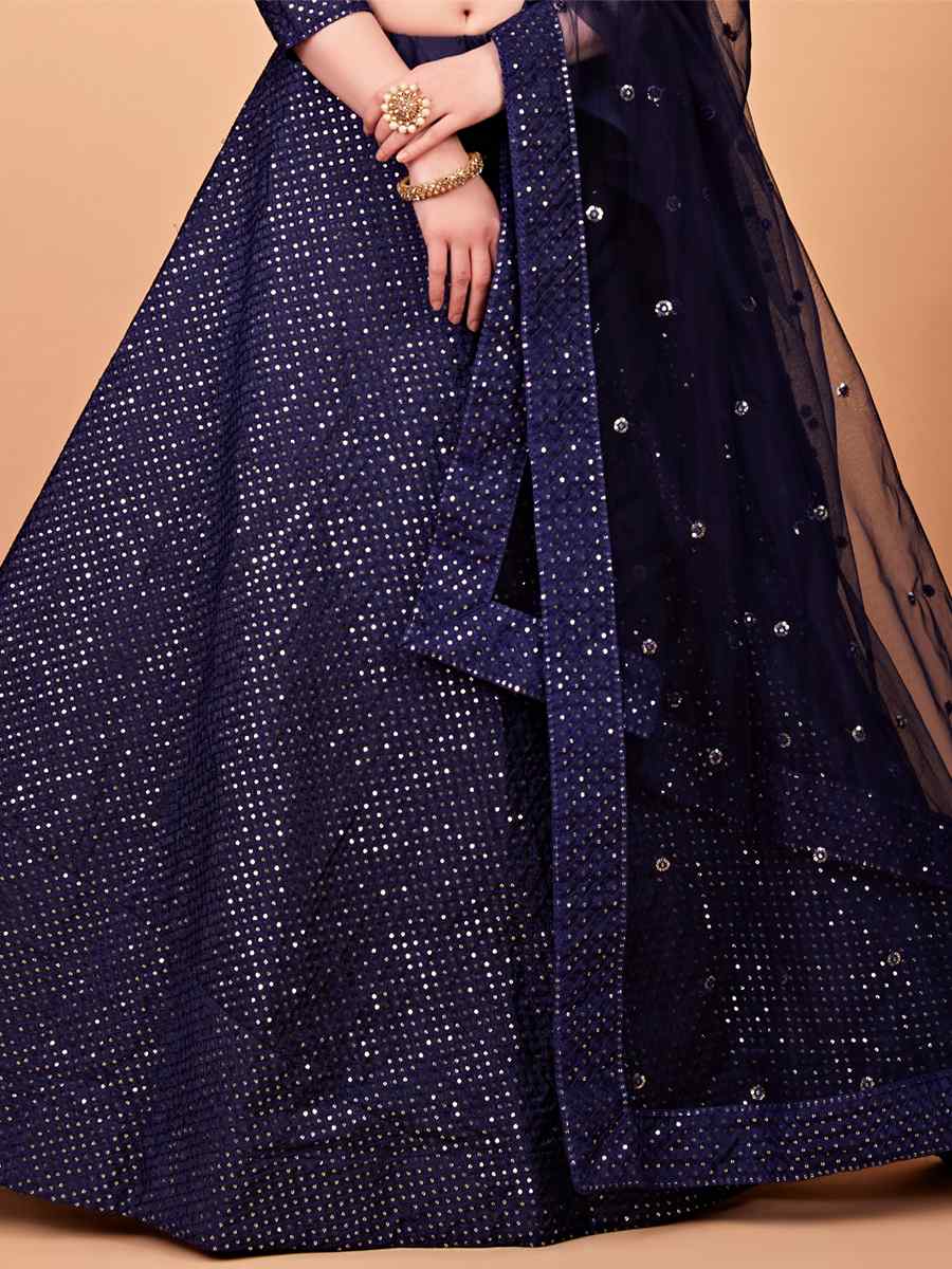 Navy Blue Tebi Silk Embroidered Festival Wedding Circular Lehenga Choli