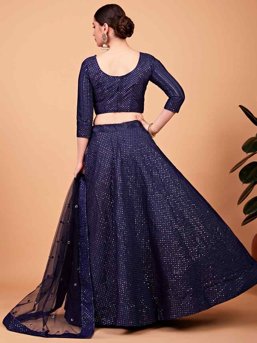 Navy Blue Tebi Silk Embroidered Festival Wedding Circular Lehenga Choli