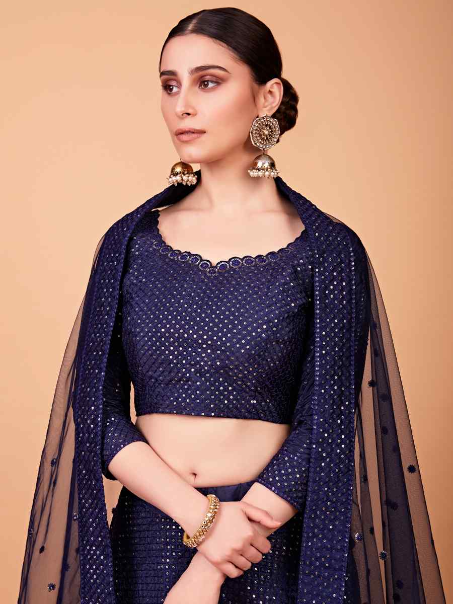 Navy Blue Tebi Silk Embroidered Festival Wedding Circular Lehenga Choli