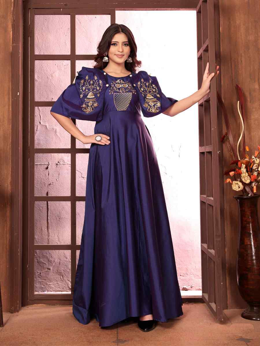 Navy Blue Triva Silk Embroidered Festival Casual Gown Women Wear