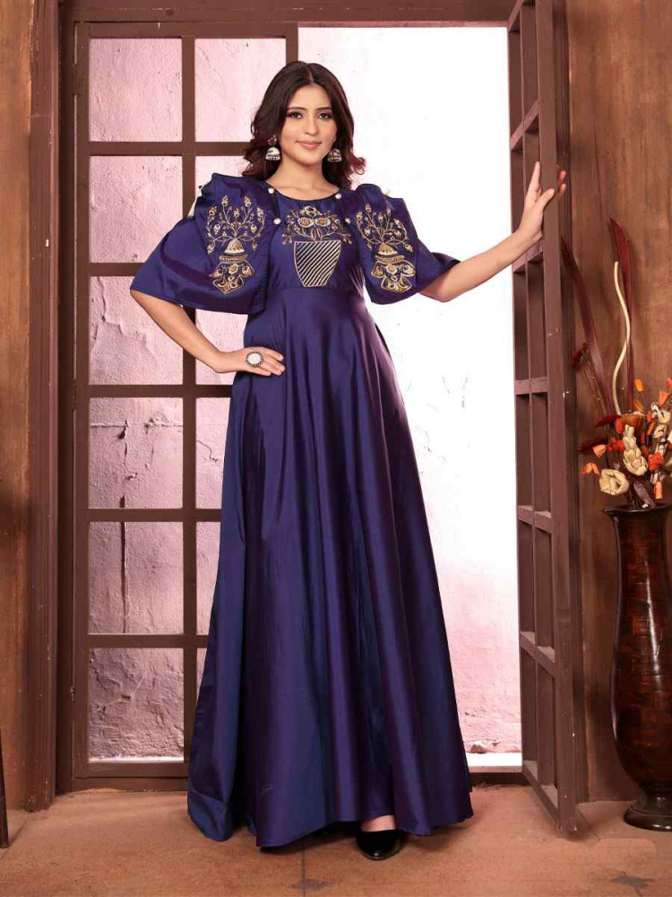Image of Navy Blue Triva Silk Embroidered Festival Casual Gown Women Wear
