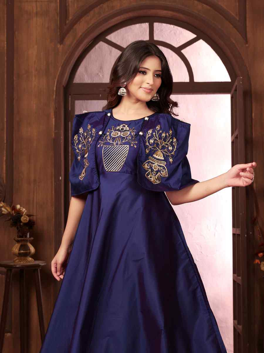 Navy Blue Triva Silk Embroidered Festival Casual Gown Women Wear
