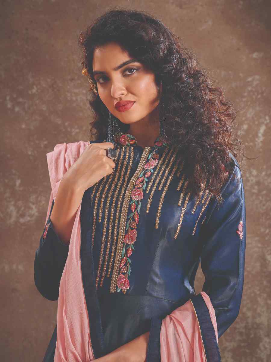 Navy Blue Triva Silk Embroidered Festival Party Gown