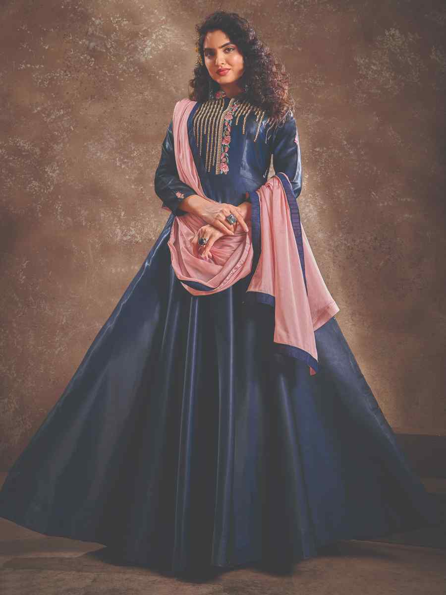 Navy Blue Triva Silk Embroidered Festival Party Gown