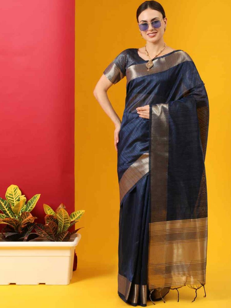 Navy Blue Tussar Silk Handwoven Wedding Festival Heavy Border Saree