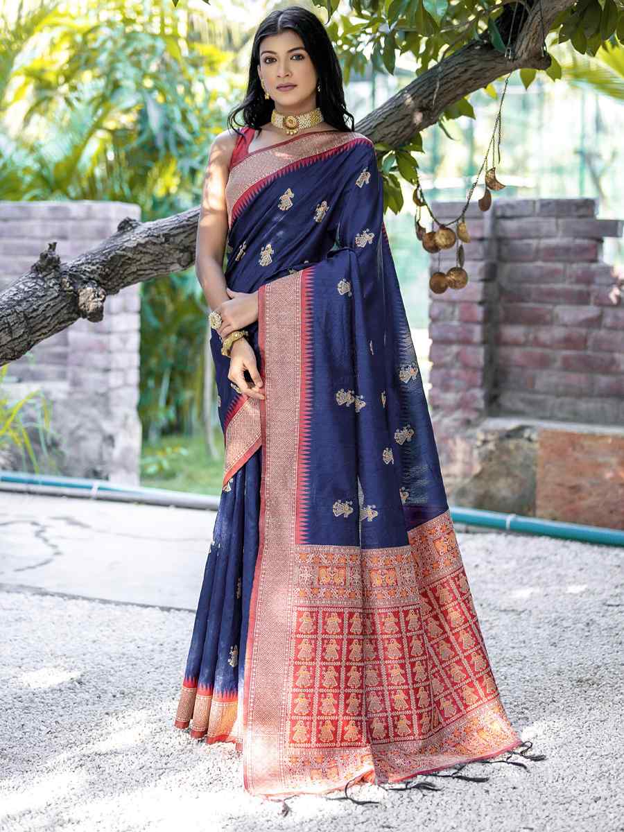 Navy Blue Tussar Silk Handwoven Wedding Festival Heavy Border Saree