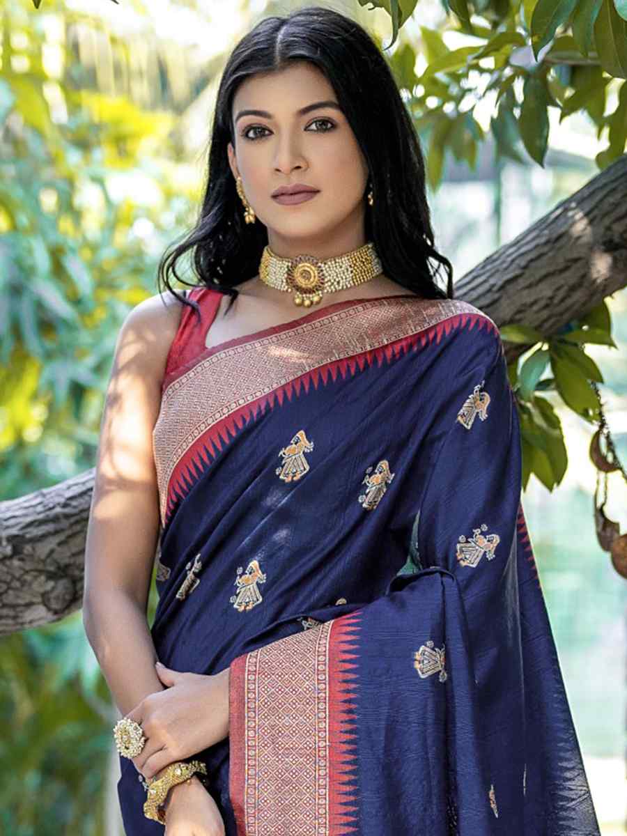 Navy Blue Tussar Silk Handwoven Wedding Festival Heavy Border Saree