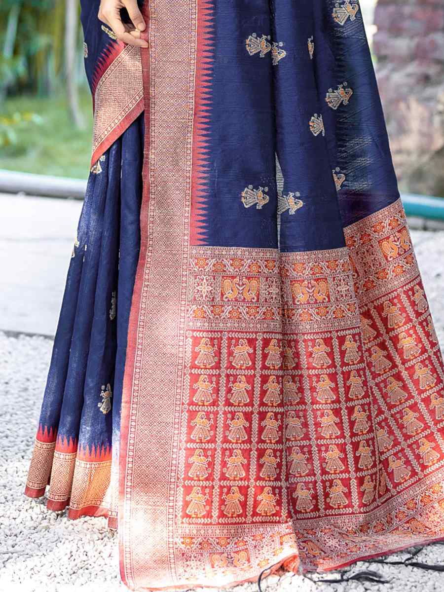 Navy Blue Tussar Silk Handwoven Wedding Festival Heavy Border Saree