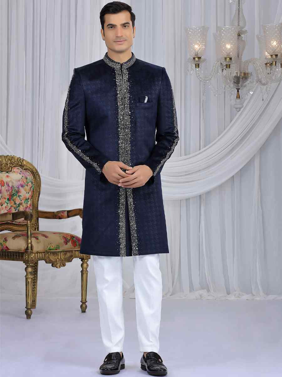 Navy Blue Valvet Embroidered Festival Wedding Mens Sherwani
