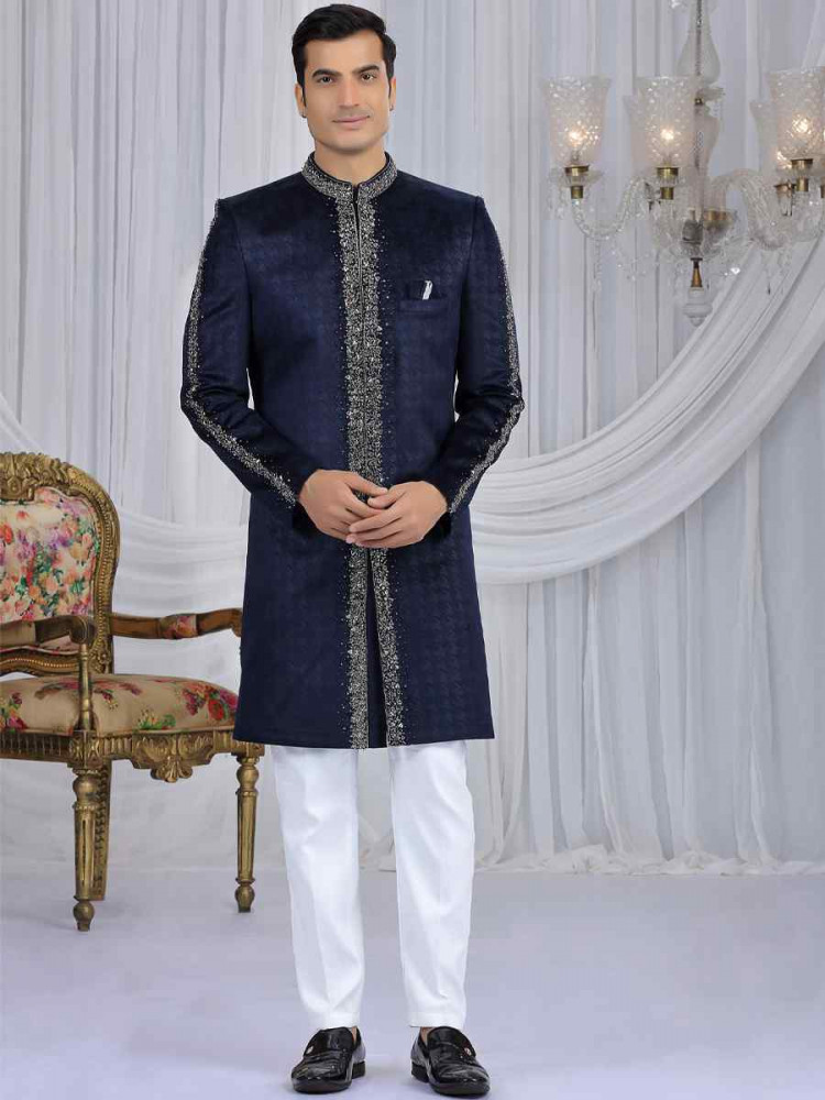 Image of Navy Blue Valvet Embroidered Festival Wedding Mens Sherwani